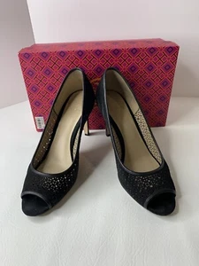 Tory Burch women pumps heels Elinor Laser-Cut peep-toe BLACK Suede Shoes sz 9.5 - Picture 1 of 12