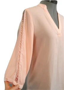 A.BYER Gauze V-neck Top S Pink scoop neck Eyelet trim sleeves Summer Tunic Sexy - Picture 1 of 5