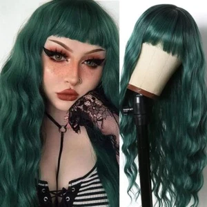 Green Long Wave Curly Synthetic Wigs With Bangs Heat Safe Party Cos Soft Natural - Picture 1 of 15