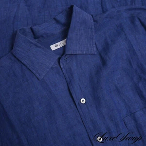 #1 ABBIGLIAMENTO UOMO Loro Piana Made in Italy 100% Lino RICCO Camicia Estiva Blu Cobalto M - Foto 1 di 7