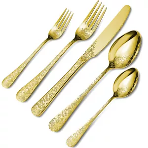 20PCS for 4 Person Gold Printed Flatware Set Knife Fork Spoon Kitchen Cutlery - Picture 1 of 9