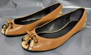 BURBERRY Tan Brown Flat Checked Detail Leather Shoes - Great Condition Eu 35 UK2 - Picture 1 of 15