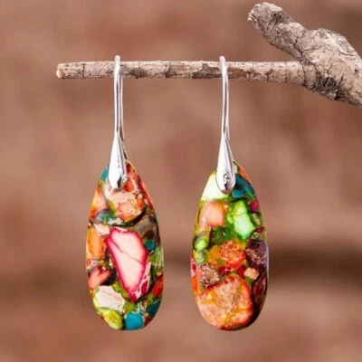 Natural Sea Sediment Jasper Gemstone Drop Earrings Teardrop Dangle Handmade - Image 1 of 2
