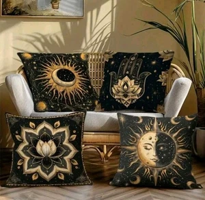 4 schwarze Meditationskissenbezüge Sonne Mond Lotusblüte Hamsa Hand - Bild 1 von 4