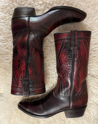 Lucchese Men's Vintage 1977 Maroon/Black Boot ~ made in San Antonio, size 10.5 A - Image 1 of 4