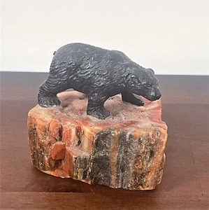 Grizzly on Petrified Wood Statue Figurine 3" Shelf Mantel Sitter - Picture 1 of 8