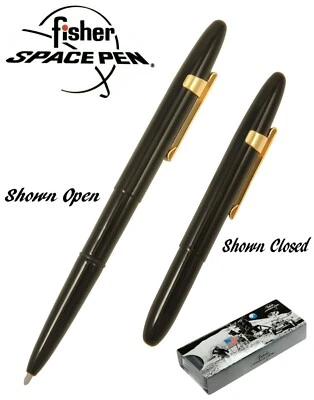Pluma espacial Fisher Bullet negra brillante con clip de bolsillo dorado #400SBNRGCL/en caja Foto 1 de 4