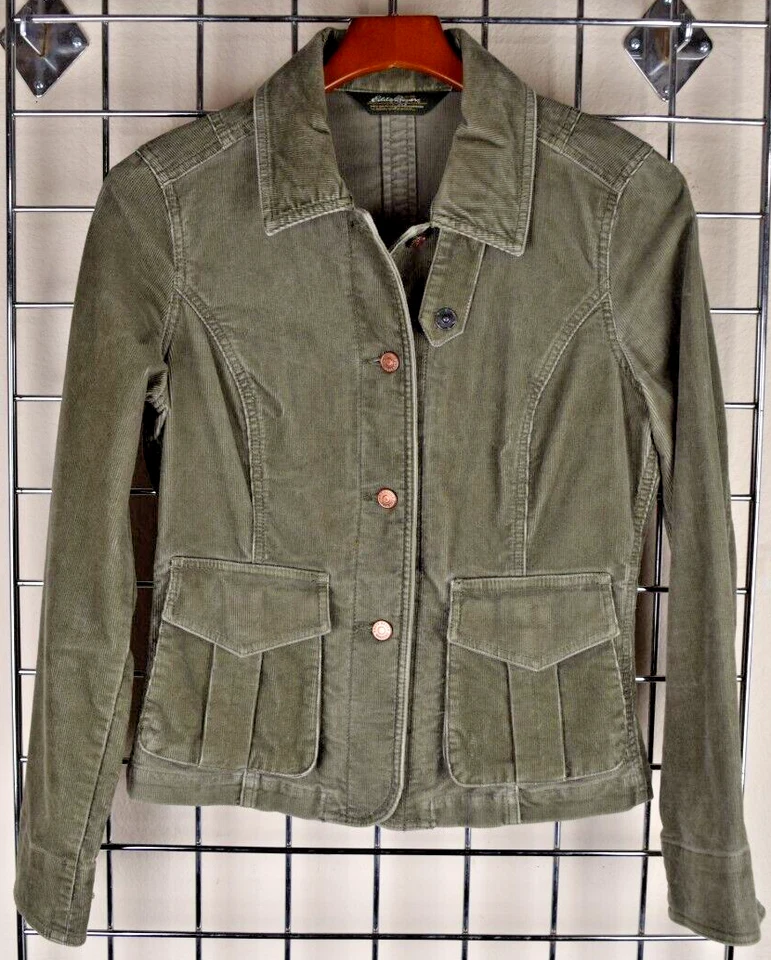 Chaqueta De Colección Eddie Bauer Talla S/M Años 90 Verde Bosque Suave Pana Bronce Botón Foto 1 de 4