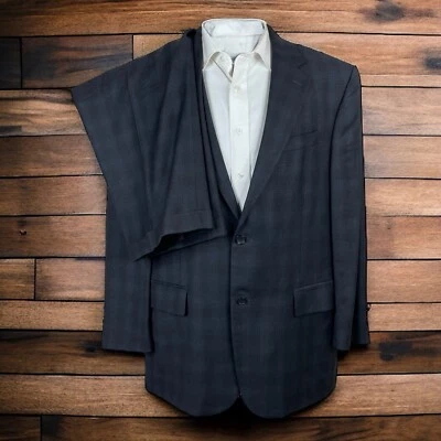 Traje de 2 piezas Geoffrey Beene para hombre 46R 42x26 gris oscuro azul tartán defecto a cuadros Foto 1 de 4