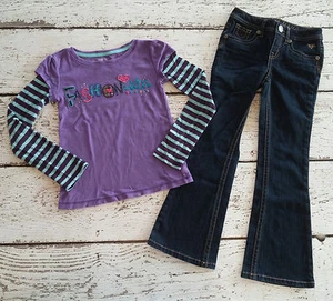 GAP / JUSTICE 7 8 Girls Purple Fashionista Long Sleeve Shirt & Denim Jeans EUC - Picture 1 of 4