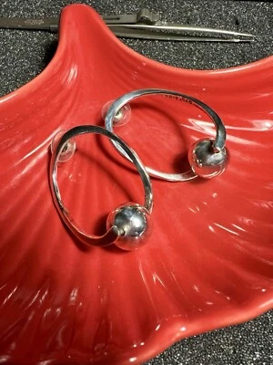 Vtg Taxco Mexico Mid-Century Mode Abstract Oval Hoop Earrings, SS 16.2 g  1 3/4” - Image 1 of 4