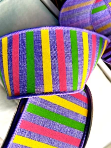 Bold Stripe on Purple 2.5" by 2 yd Wired Ribbon Horizontal Pink Green Yellow - Picture 1 of 4