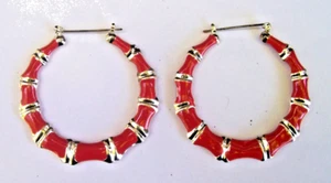 Large Red & Silver Bamboo Hoop Earrings 2.25" Closure Adj Both sides full - Picture 1 of 3