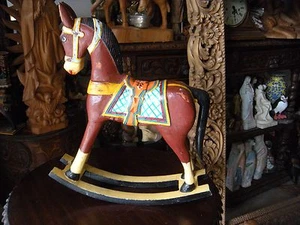 HAND CARVED WOOD ART PAINTED ROCKING HORSE 19.5 TALL - Picture 1 of 10