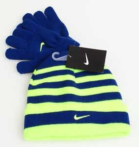 Nike Blue & Volt Stripe Knit Cuff Beanie & Stretch Gloves Youth Boy's 8-20 NWT