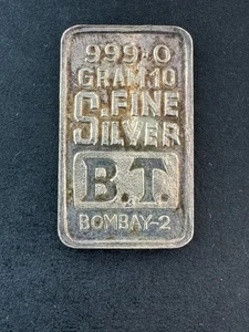 10 Gram "B.T- bombay-2 & KALASH MARK" .999 FINE SILVER BAR - Picture 1 of 8