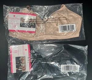 2 Breezies Lace Overlay Contour Wirefree Bra Sz 36C Black & Beige NEW - Picture 1 of 7