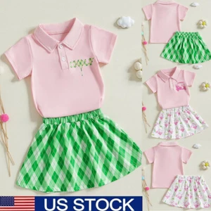 2PCS Toddler Baby Girl Summer Sets Short Sleeve Lapel Collar Top Skirt Outfits - Picture 1 of 13
