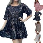Trendy Round Neck Short Sleeve Sequin Dress for Women Loose Fit Solid Color