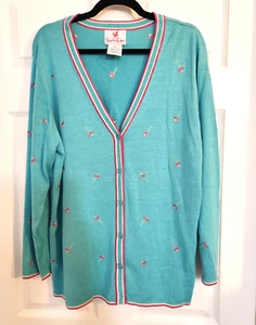 Quacker Factory Cardigan Sz 1X Embroidered Flowers Blue Lightweight 70% Silk - Picture 1 of 3