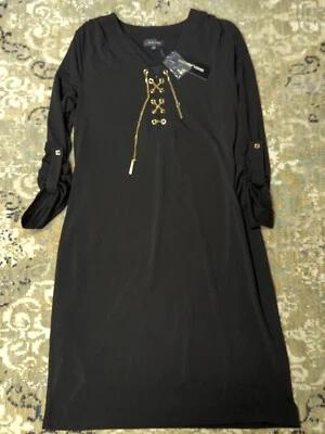 Black dress Gold Chain Neck women's size S New w Tag 3/4 sleeve Spense No Belt  - Image 1 of 4