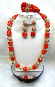 Real Traditional Bridal Wedding Flowery Traditional Coral African Necklace Set - Picture 1 of 8