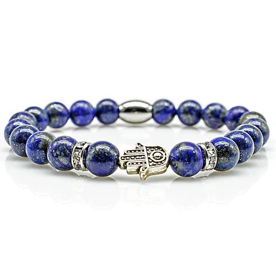Lapislazuli Armband Bracelet Perlenarmband Hand Fatima S Silber blau Edelstahl - Bild 1 von 2