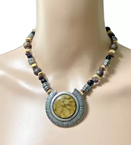 Vintage Chico's Medallion Necklace Silver Tone Tan Brown Lucite Boho Rodeo SW - Picture 1 of 16