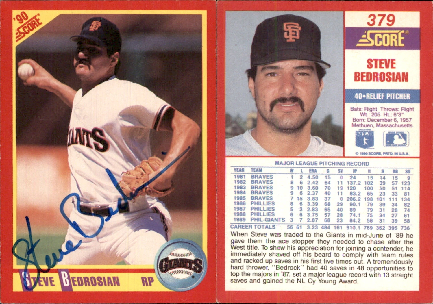 Steve Bedrosian Signed 1990 Score #379 Card San Francisco Giants Auto AU