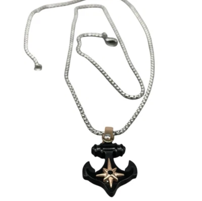 COLLANA UOMO FIRMATA ANCORA ROSA DEI VENTI COLORE ARGENTO RAME NERO ACCIAIO INOX - Immagine 1 di 4