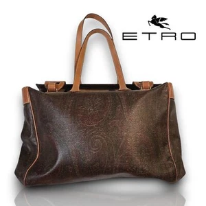 Etro Vintage Y2K Brown Coated Leather Paisley Print Large Travel Shoulder Bag - Picture 1 of 12