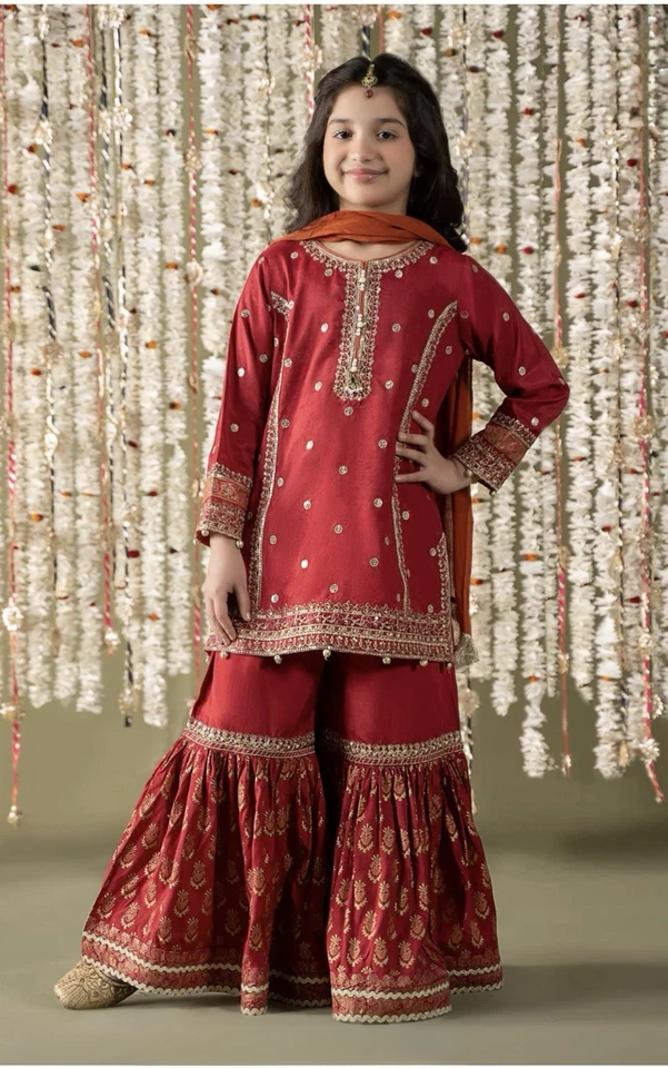 MariaB 3 Piece Embroidered Raw Silk Suit kids 4-6 size - Image 1 of 4