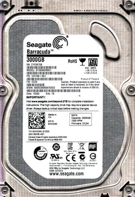 ST3000DM001 P/N: 1CH166-501 F/W: CC24 S/N: Z1F2 TK 3TB FEB 2013 THAILAND SEAGATE - Image 1 of 2