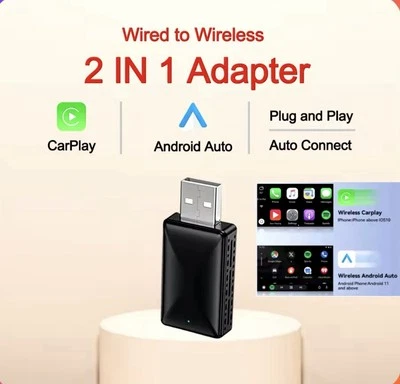 Adattatore Mini 2 in 1 Da Cablato a Wireless Apple CarPlay iOS Android Autoradio - Immagine 1 di 4