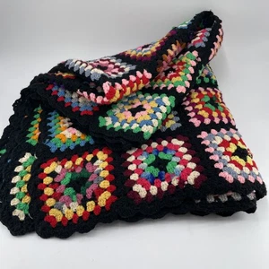 Vtg Granny Square Afghan Throw Crochet 68" x 45" Bright Colors Black Border - Picture 1 of 15