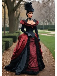 Vintage Victorian Prom Dress Burgundy And Black Bustle Special Occasion Gown - Picture 1 of 11