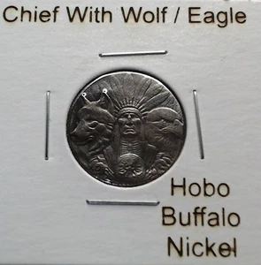 HOBO Indianerhäuptling mit Wolfsadler aus einem echten Büffel Nickel SIGNIERT - Bild 1 von 2