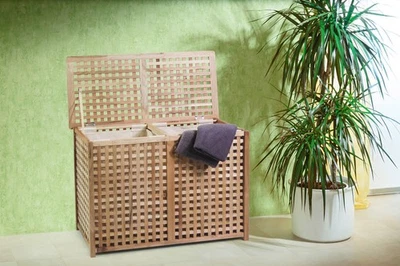 Wäschetruhe große Wäschebox mit 2 Fächer mit Leinensack Walnuss Holz - Bild 1 von 4