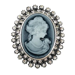 Brooch Cameo Black & Gray with Clear Crystal Rhinestone Double Surround - Picture 1 of 2