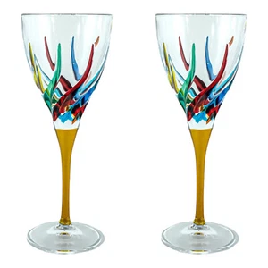 Pair of Murano Wine Glasses Hand Painted Multi Yellow Stem Venice Italy - Picture 1 of 5