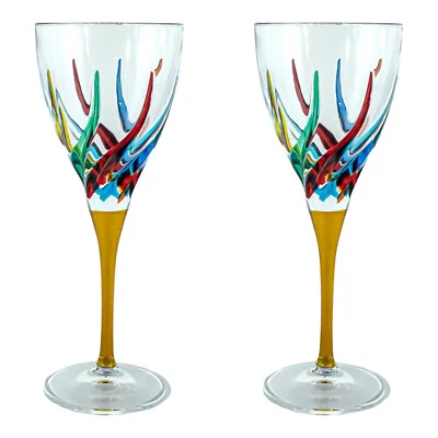 Pair of Murano Wine Glasses Hand Painted Multi Yellow Stem Venice Italy - Image 1 of 4