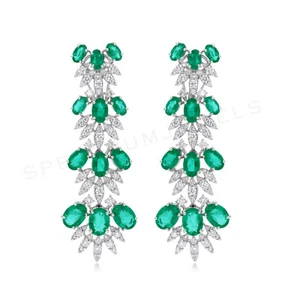 13.45 TCW Synthetic Emerald Lab Grown CVD Diamond Dangle Earrings 14k White Gold - Picture 1 of 8