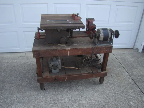 Vtg Wood Workbench w/ Cast Iron Table Saw, Vise, Wire Wheel Great Patina 36 x 20 Cover
