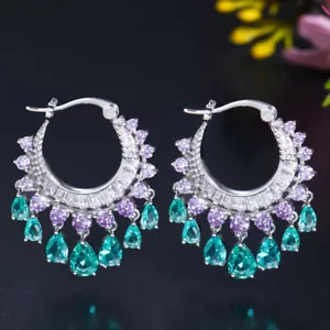 New Luxury Flower Green Citrine Amethyst Gems Silver Women Tassel Dangle Earring - Picture 1 of 7