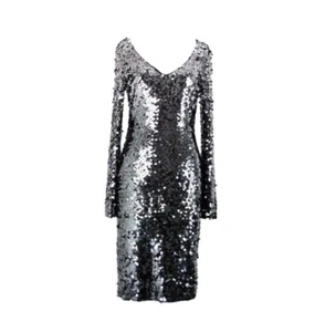 St John Gr. 2 Silber Flitter über schwarz gefüttert V-Ausschnitt Polyester Seide Kleid - Bild 1 von 23