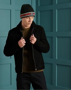 Men's Black Suede Leather Jacket - Biker Bomber Style, Slim Fit, Stand Collar - Picture 1 of 5