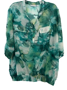 Susan Graver 1X Camisa Top Semi Transparente Azul Teal Verde Acuarela Cintura Bandada 1X - Imagen 1 de 7