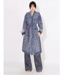 Women's 2024 Fashion V Neck Feather Belt Denim Long Trench Coat Overcoat - Picture 1 of 6