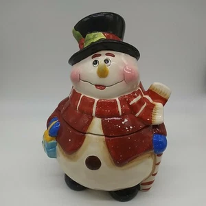  Happy Snowman cookie jar. No chips or cracks in ceramic. Glaze looks cracked. - Picture 1 of 12