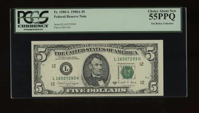 DBR 1988-A $5 San Francisco Fr. 1980-L PCGS 55 PPQ Serial L16507293H - Image 1 of 2